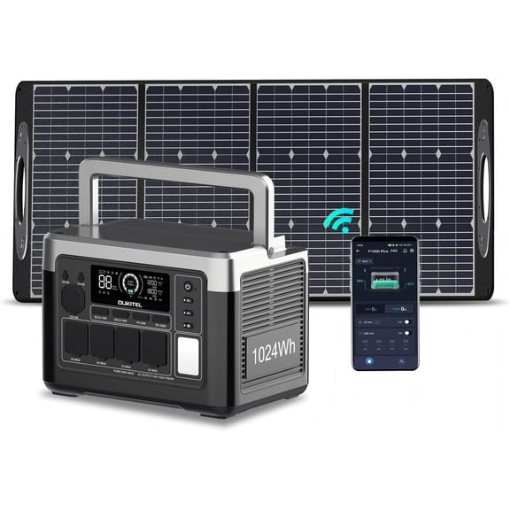 OUKITEL FFPOWER P1000 Plus Solar Generator with 100W Solar Panel, 1800W (3600W Peak) Portable Power Station, 1024Wh LiFePO4 Battery with APP, for Home, Power Outages, Camping & RVs