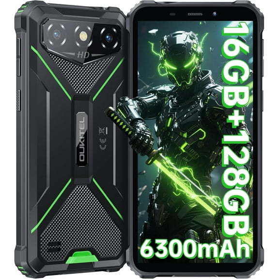 OUKITEL G3 Rugged Smartphone Unlocked -16GB+128GB/1TB TF 6” HD Display IP68/IP69K Rugged Android Phone, 6300mAh Battery 13MP Rear Camera Waterproof Cell Phones, GPS/3.5mm Jack/Face ID/4G Dual Sim