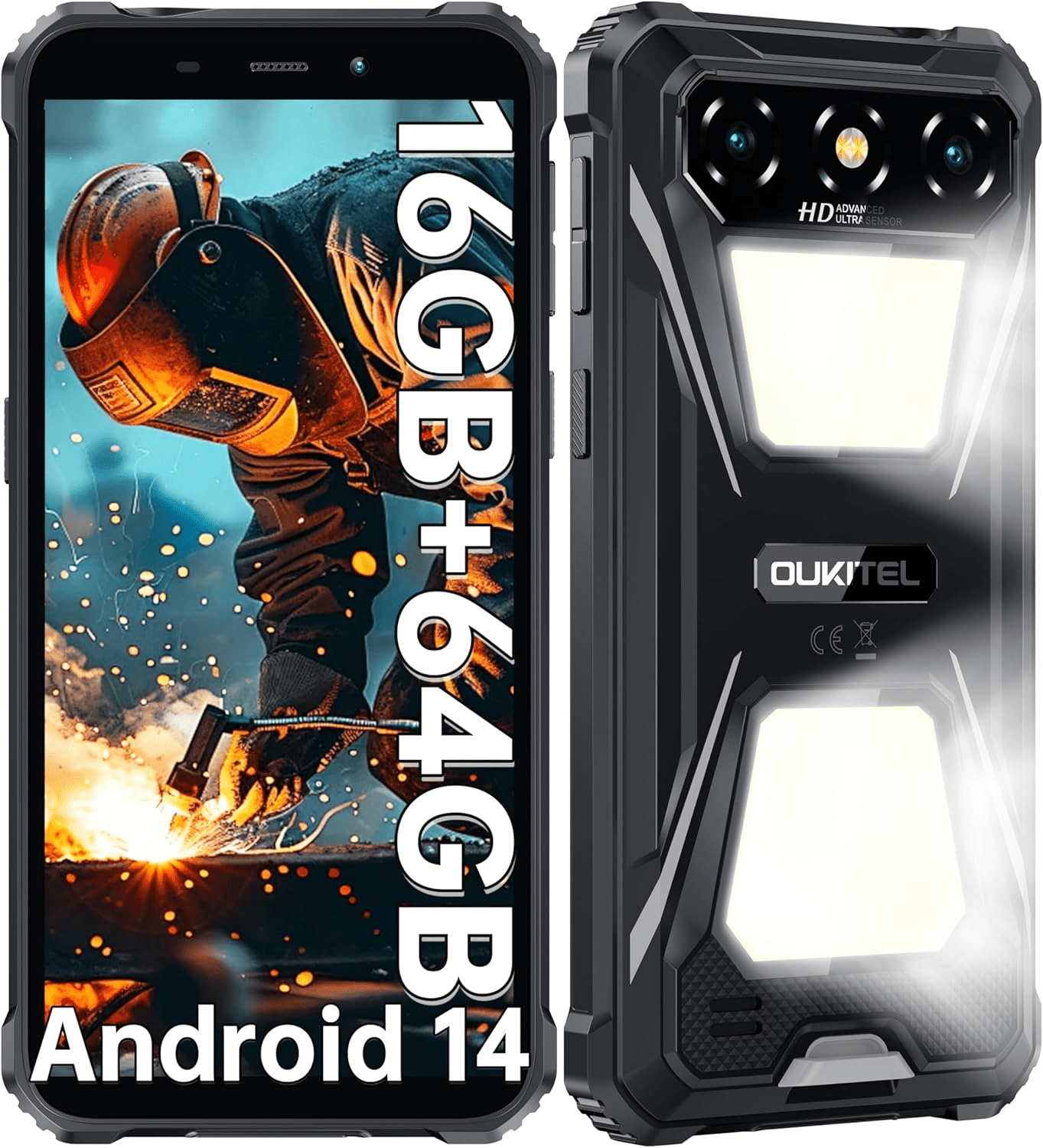 OUKITEL G5 Rugged Smartphone Unlocked - 16GB+64GB (1TB TF) Rugged Android Phone with Camping Light, 6300mAh Battery, 6.0" HD Screen Cell Phone, 13MP Main Camera, Face ID/GPS, Supports T-Mobile, Black