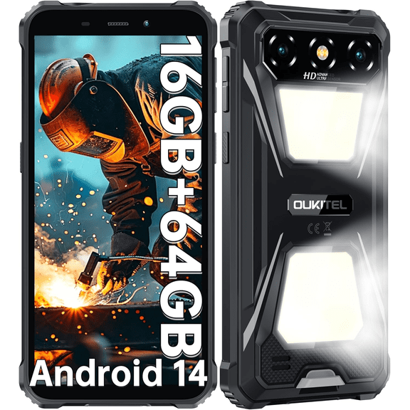 OUKITEL G5 Rugged Smartphone Unlocked - 16GB+64GB (1TB TF) Rugged Android Phone with Camping Light, 6300mAh Battery, 6.0" HD Screen Cell Phone, 13MP Main Camera, Face ID/GPS, Supports T-Mobile, Black