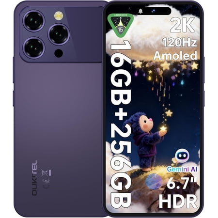 OUKITEL P1 Pro Unlocked Cell Phone Android 15-6.7" FHD+ AMOLED 120Hz Display Unlocked Android Phones, 16GB+256GB/2TB 50MP AI Camera Smart Phone, 5150mAh Fingerprint/Face ID/OTG/NFC/4G Dual SIM/GPS