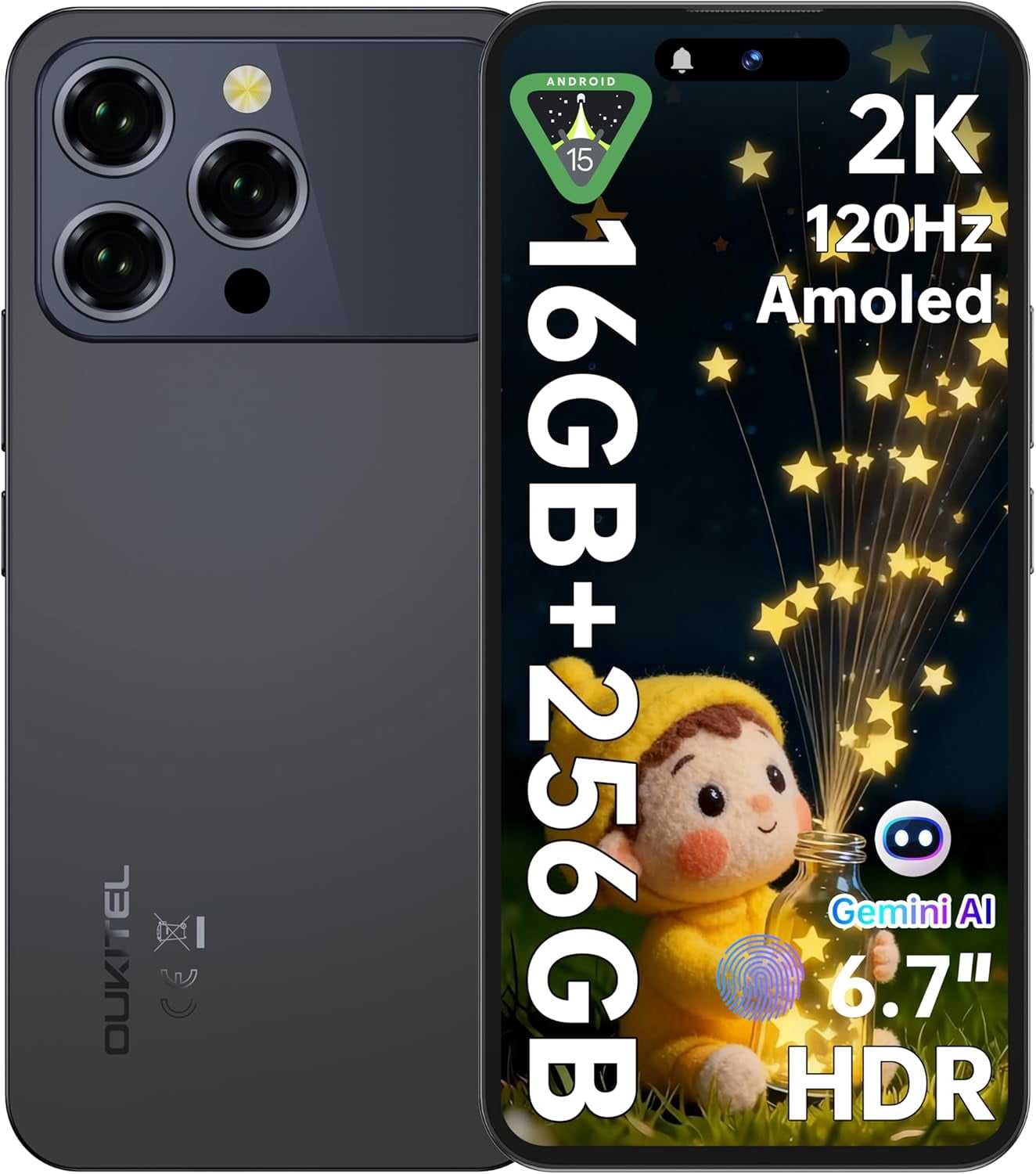 OUKITEL P1 Pro Unlocked Cell Phone Android 15-6.7" FHD+ AMOLED 120Hz Display Unlocked Android Phones, 16GB+256GB/2TB 50MP AI Camera Smart Phone, 5150mAh Fingerprint/Face ID/4G Dual SIM/GPS/OTG/NFC