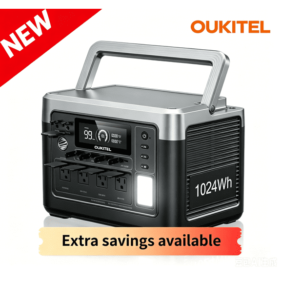 OUKITEL P1000 PLUS 1024Wh Portable Power Station, LiFePO4 Battery, 1800W AC Output (3600W Surge), 43Min Fast Charge, APP Control, Camping, RV
