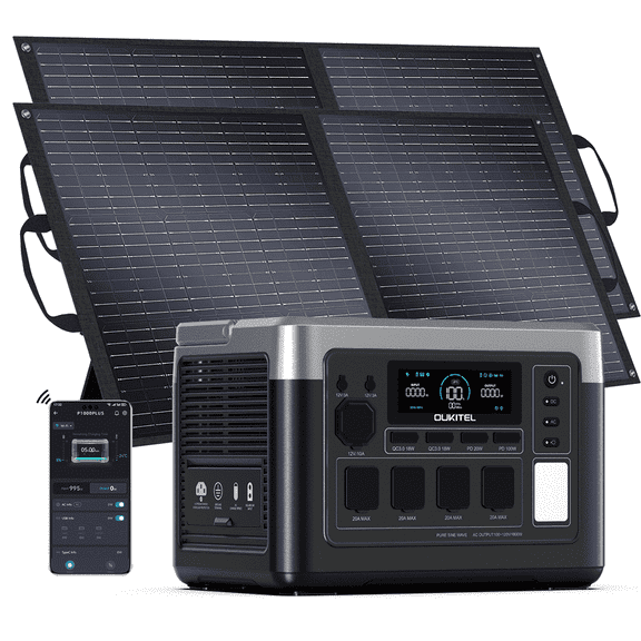 OUKITEL P1000 Plus Portable Power Station 1800W (3600W Peak) 1024Wh LiFePO4 Solar Generator with 2x100W Panel, 1200W Fast Charging, APP Control, 4 AC Outlets UPS for Home Camping RV