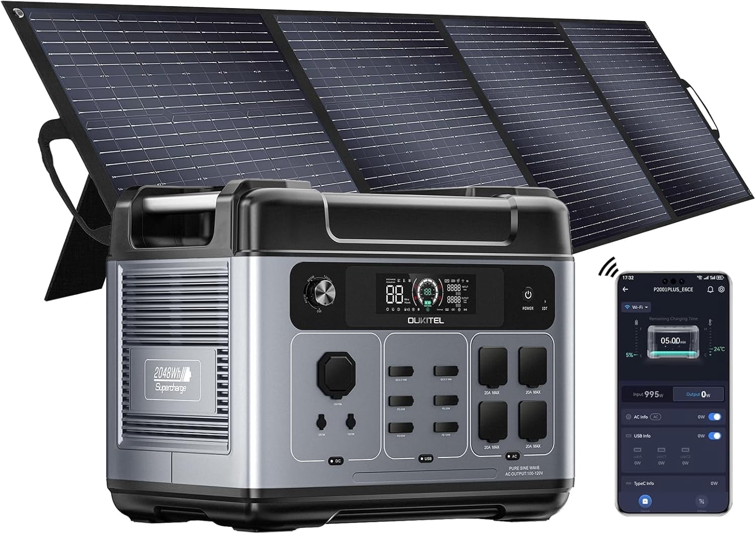 OUKITEL P2001 Plus 2400W Power Station with 200W Solar Panel, 2048Wh Solar Generator with 4 AC, 1.5H Full Charging, APP Control Battery Backup for Home, Camping