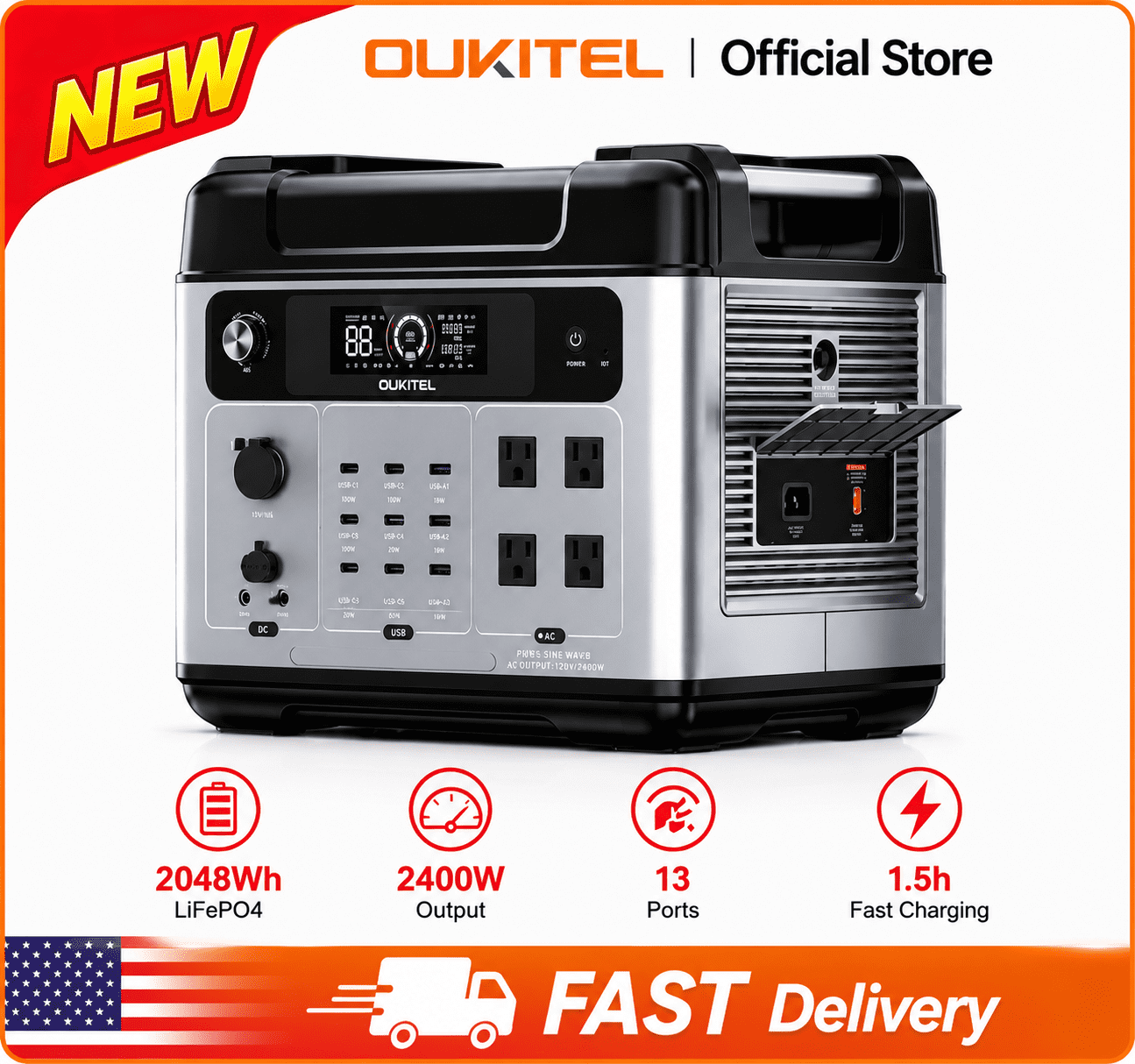 OUKITEL Power Station 2048Wh LiFePO4 Battery, 2400W (4800W Peak) UPS, Fast Recharge Fast Recharge USB-C PD 100W Home Backup, for Camping Outdoor and Emergency Use