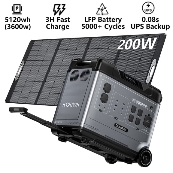 OUKITEL P5000 Pro 5120Wh 3600W Portable solar generator, power station with 200W solar panel kit, LiFePO4 AC 7200W Peak, 1800W Fast Charge,Generator for Home Use, Camping, RV, Emergency Power