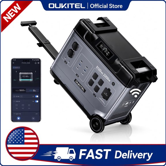 OUKITEL P5000 Solar Generator, 5120Wh LiFePO4 Battery, 2200W AC Output/4400W Surge, 1000W MPPT Solar Controller, UPS Function, 5×2200W AC Outlets, for Home Backup, RV, Camping & Emergency