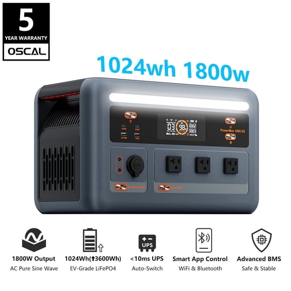 OSCAL Solar Generator, 1024Wh LiFePO4 Portable Power Station 1800W (3600W Surge) ,1 Hour Fast Charge | APP Control | Quiet UPS for Home Backup, Outdoor Hurricane Emergency, Camping & RV