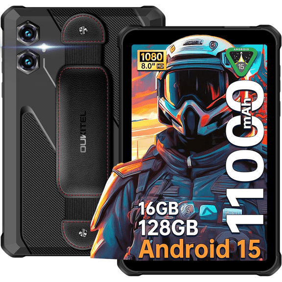 OUKITEL RT3 Plus Rugged Android 15 Tablet, 16GB+128GB 1TB Expandable Waterproof Tablets, 8 Inch HD Display, 1100mAh Battery Industrial Tablet PC, 16MP+8MP, IP68&IP69K, 4G Dual SIM/BT5.0/OTG/NFC