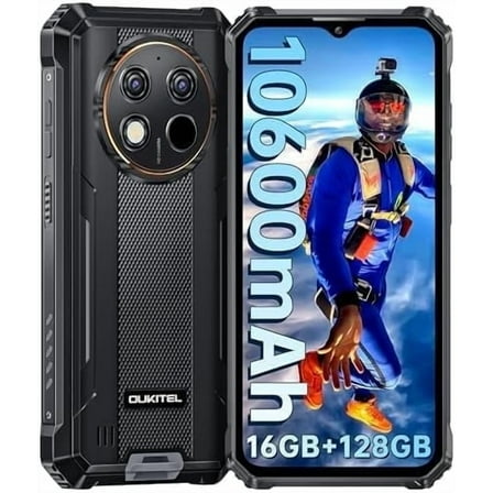 OUKITEL WP28S Rugged Smartphone Unlocked - 16GB 128GB Rugged Phone Android 14, Octa Core 10600mAh Battery IP68 Cell Phone, 6.52" HD,4G Dual Sim,NFC,OTG,BT5.0,Fingerprint,Black