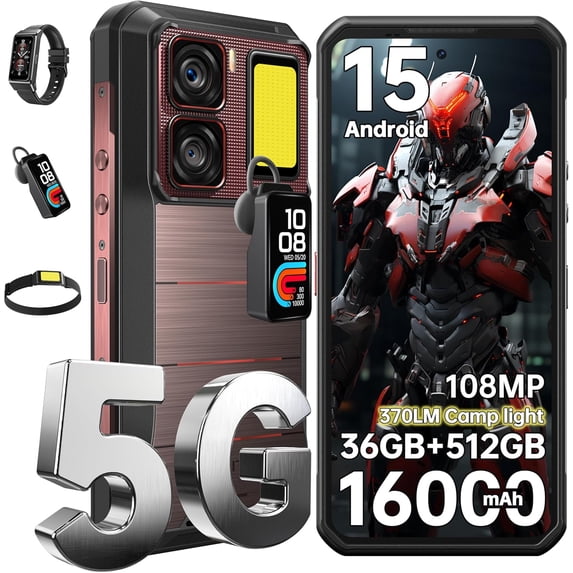 OUKITEL WP300 5G Rugged Smartphone,36GB+512GB/2TB 16000mAh Battery Unlocked Android 15 Cell Phone,IP68/IP69K Military-Grade Durability,108MP Camera,6.8'' FHD Display Dual Sim,with Earbuds,Smartwatch.