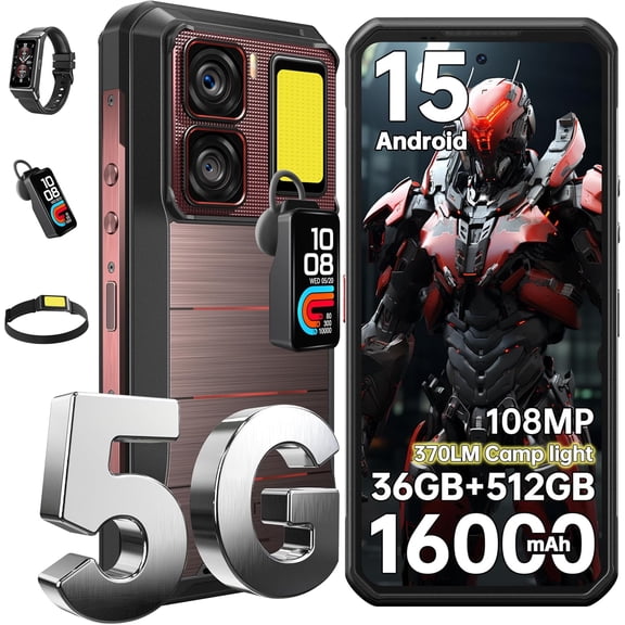 OUKITEL WP300 5G Rugged Smartphone,36GB+512GB/2TB 16000mAh Battery Unlocked Android 15 Cell Phone,IP68/IP69K Military-Grade Durability,108MP Camera,6.8'' FHD Display Dual Sim,with Earbuds,Smartwatch.