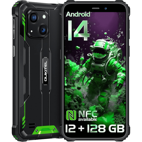OUKITEL WP32 Rugged Smartphone - 12GB RAM+128GB ROM 1TB Expansion Android 14 Rugged Cell Phone, 6 inches Big Screen, 6300mAh Battery 20MP+5MP Camera, 4G Dual SIM,NFC,BT5.0,Face ID,T-Mobile, Green