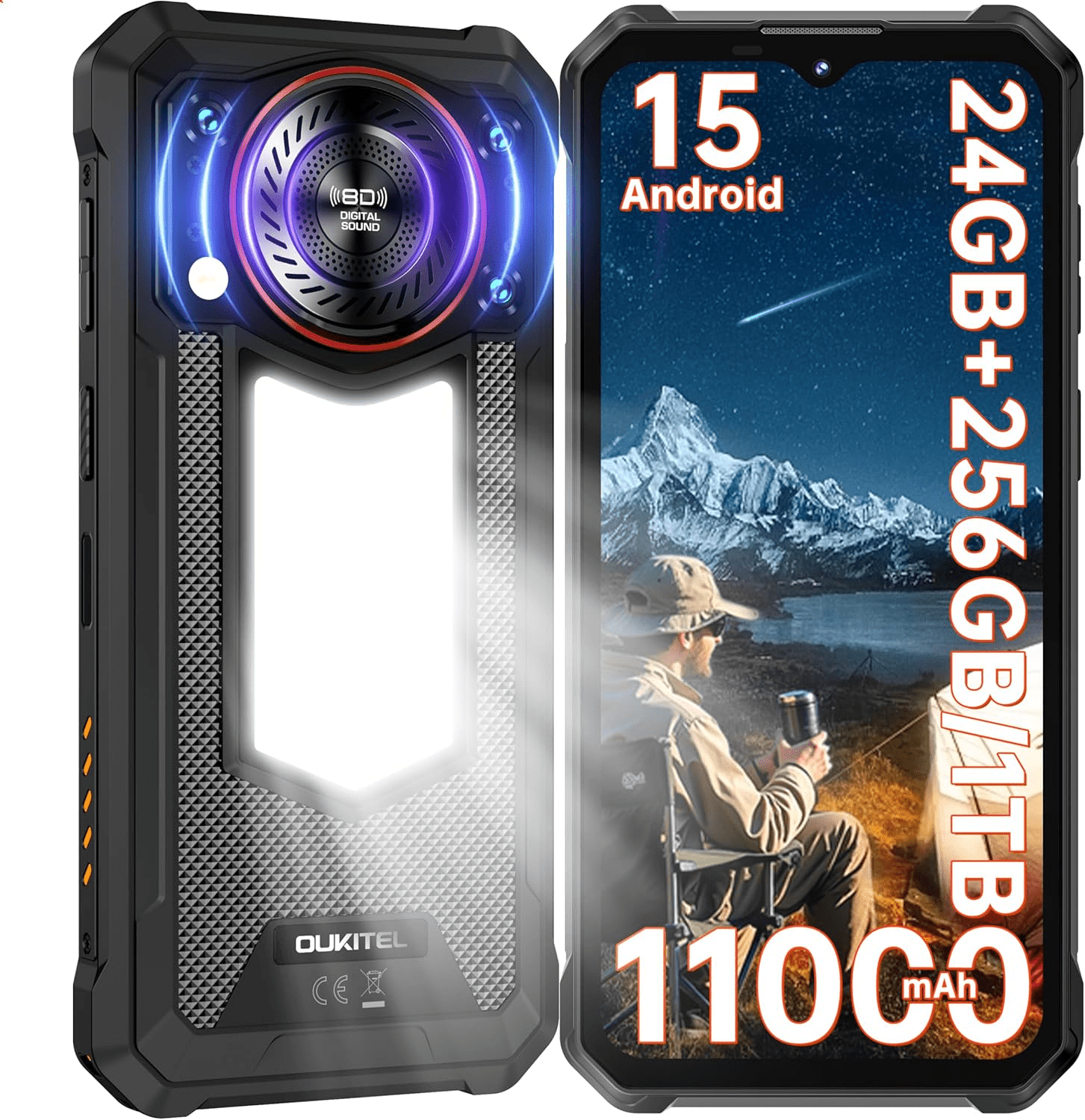 OUKITEL WP53 Pro Rugged Phone Unlocked Android 15-24GB+256GB Rugged Smartphone with Camping Light, 11000mAh Battery 128dB Louder Speaker, 6.52" HD+ Phone, 50MP Main Camera Waterproof Cell Phone NFC