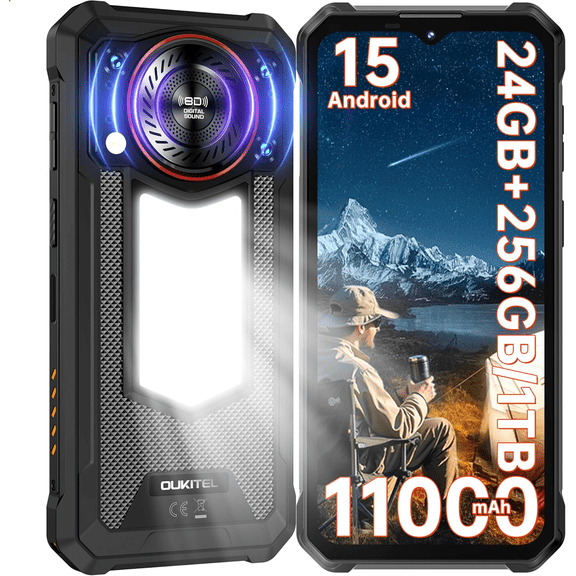 OUKITEL WP53 Pro Rugged Phone Unlocked Android 15-24GB+256GB Rugged Smartphone with Camping Light, 11000mAh Battery 128dB Louder Speaker, 6.52" HD+ Phone, 50MP Main Camera Waterproof Cell Phone NFC