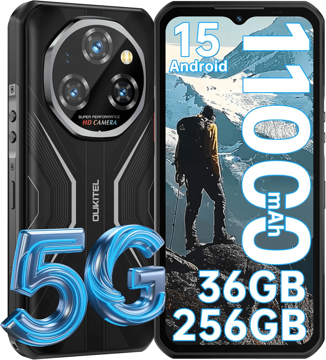 OUKITEL WP55 5G Rugged Smartphone - 36GB+256GB/2TB Android 15 Rugged Phone, 11000mAh Battery,6.6" FHD+ 120hz Dimensity 7025,108MP+32MP IP68/IP69K Waterproof Cell Phone 5G Dual SIM NFC/OTG/T-Mobile