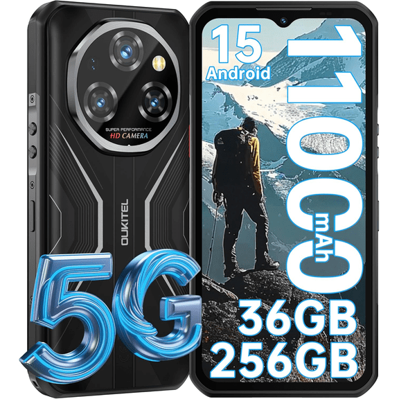 OUKITEL WP55 5G Rugged Smartphone - 36GB+256GB/2TB Android 15 Rugged Phone, 11000mAh Battery,6.6" FHD+ 120hz Dimensity 7025,108MP+32MP IP68/IP69K Waterproof Cell Phone 5G Dual SIM NFC/OTG/T-Mobile