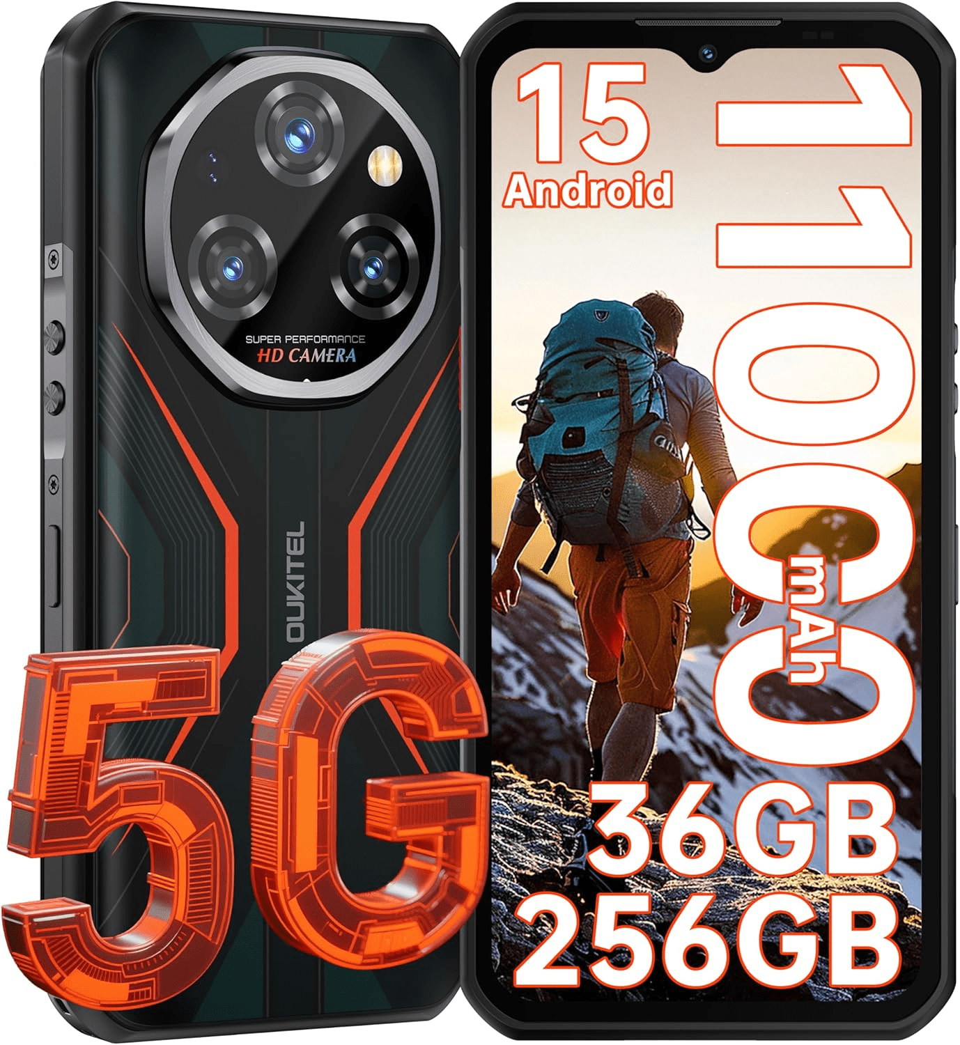 OUKITEL WP55 5G Rugged Smartphone - 36GB+256GB/2TB Android 15 Rugged Phone, 11000mAh Battery,6.6" FHD+ 120hz Dimensity 7025,108MP+32MP IP68/IP69K Waterproof Cell Phone 5G Dual SIM NFC/OTG/T-Mobile
