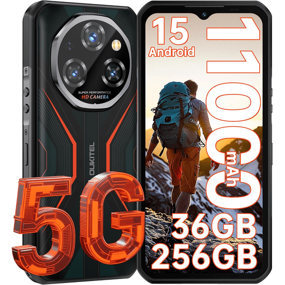 OUKITEL WP55 5G Rugged Smartphone - 36GB+256GB/2TB Android 15 Rugged Phone, 11000mAh Battery,6.6" FHD+ 120hz Dimensity 7025,108MP+32MP IP68/IP69K Waterproof Cell Phone 5G Dual SIM NFC/OTG/T-Mobile