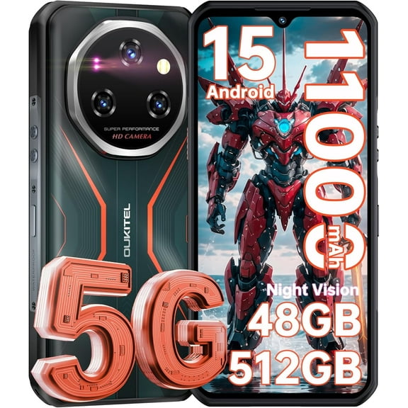 Oukitel WP55 Pro 5G Unlocked Rugged Smartphone, 48GB+512GB Expandable to 2TB, Android 15, 6.6" FHD+, 108MP Camera, 11000mAh 33W, IP68/IP69K Waterproof, Nfc, Gps