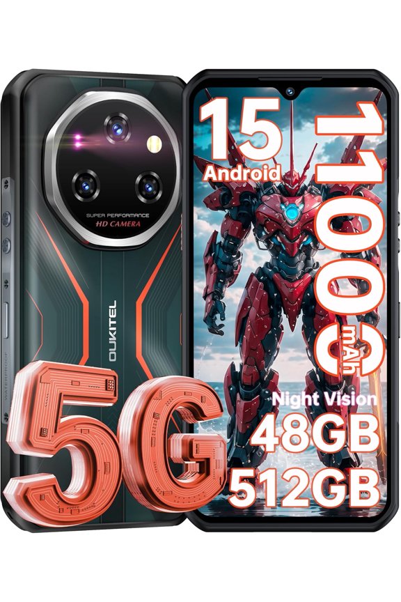 WP55 Pro 5G Unlocked Rugged Smartphone, 48GB+512GB Expandable to 2TB, Android 15, 6.6" FHD+, 108MP Camera, 11000mAh 33W, IP68/IP69K Waterproof, Nfc, Gps