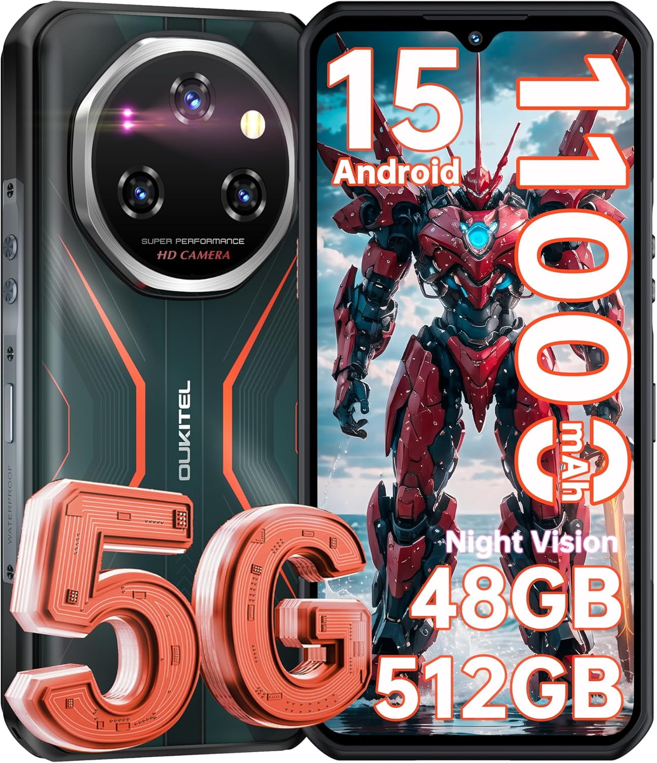 OUKITEL WP55 Pro 5G Rugged Smartphone Unlocked - 48GB+512GB/2TB Android 15 Rugged Cellphones, 6.6''FHD+Display 108MP Rear Camera 11000mAh(33w) Battery Waterproof Phone, IP68/IP69K/NFC/GPS