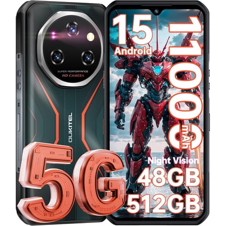 OUKITEL WP55 Pro 5G Rugged Smartphone Unlocked - 48GB 512GB/2TB Android 15 Rugged Cellphones, 6.6''FHD Display 108MP Rear Camera 11000mAh(33w) Battery Waterproof Phone, IP68/IP69K/NFC/GPS