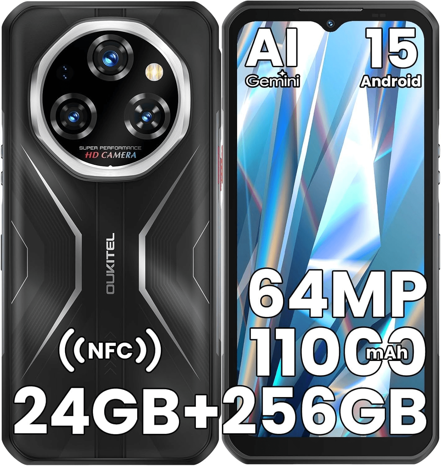 OUKITEL WP55S AI Rugged Phone Unlocked 256GB, 11000mAh Battery Android 15 Rugged Smartphone Waterproof, 24GB+256GB/1TB, Gemini AI, 64MP+32MP, 6.68" 120Hz Dual SIM NFC/OTG