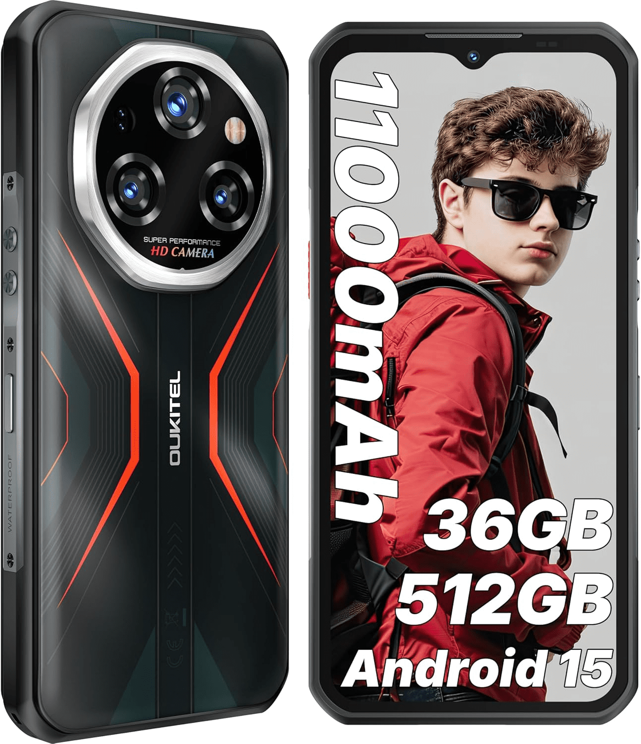 OUKITEL WP55S Rugged Phone Unlocked,36GB+512GB/1TB 11000mAh Battery, 64MP+32MP, IP68/69K Waterproof Cell Phone,6.6" 120Hz Rugged Smartphone, Android 15 Dual SIM NFC/OTG Gemini AI