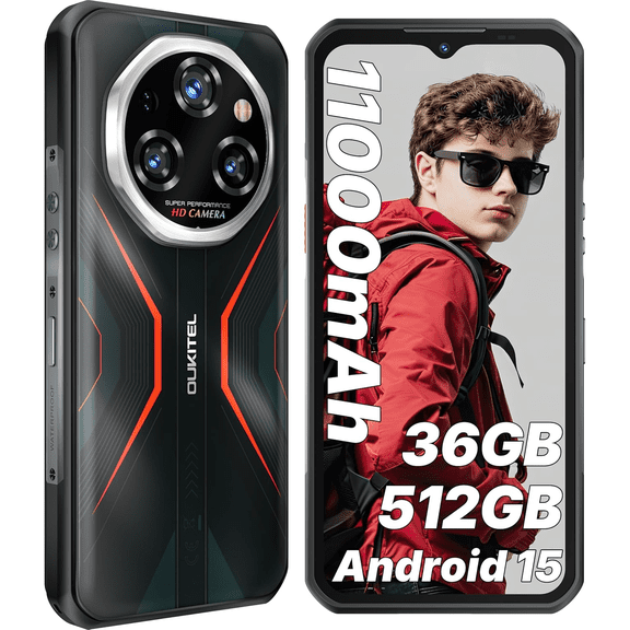 OUKITEL WP55S Rugged Phone Unlocked,36GB+512GB/1TB 11000mAh Battery, 64MP+32MP, IP68/69K Waterproof Cell Phone,6.6" 120Hz Rugged Smartphone, Android 15 Dual SIM NFC/OTG Gemini AI