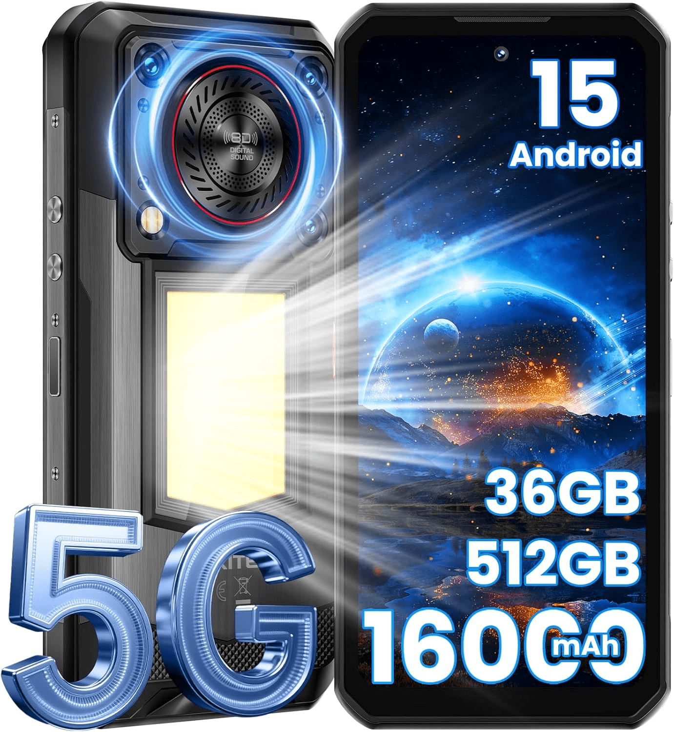 OUKITEL WP56 5G Rugged Smartphone Unlocked - 36GB+512GB/2TB Android 15 Rugged Phone,16000mAh Battery, 1000-Lumen Camping Light, 6.8" FHD+ 120Hz,108MP Camera,128dB Loud Speaker Waterproof, NFC/GPS/OTG