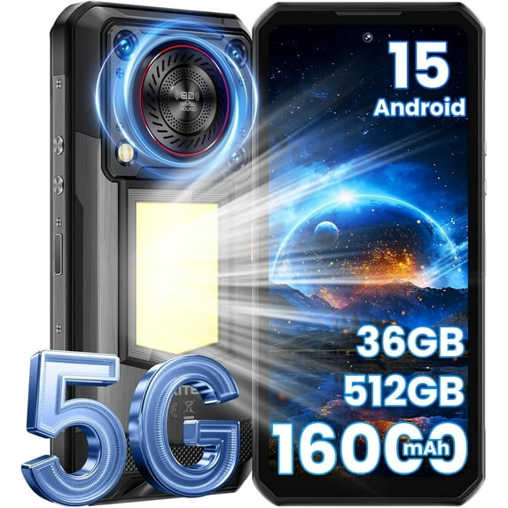 OUKITEL WP56 5G Rugged Smartphone Unlocked - 36GB+512GB/2TB Android 15 Rugged Phone,16000mAh Battery, 1000-Lumen Camping Light, 6.8" FHD+ 120Hz,108MP Camera,128dB Loud Speaker Waterproof, NFC/GPS/OTG