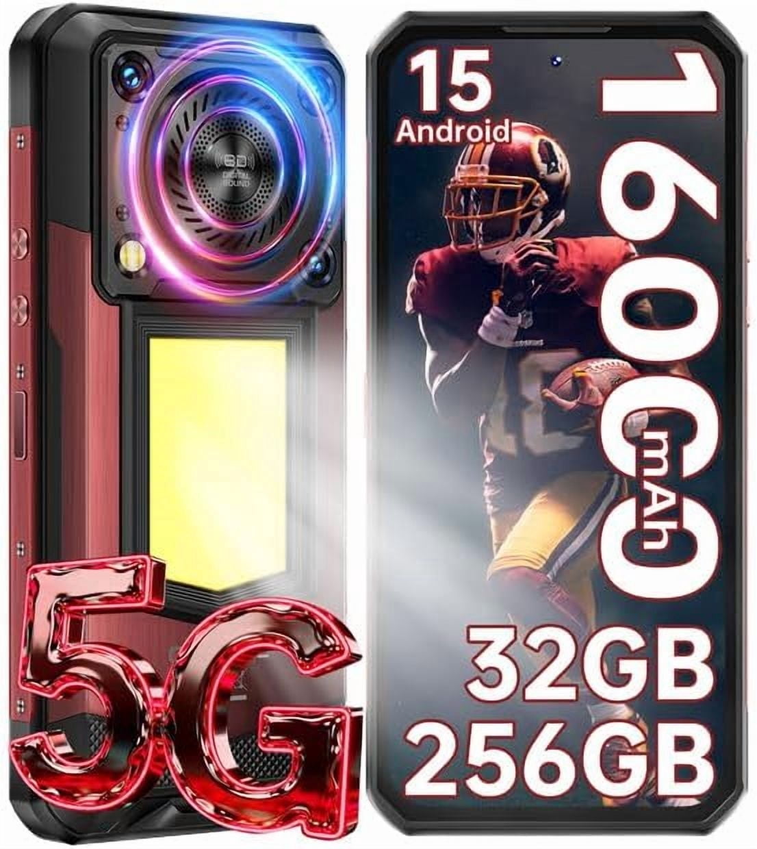 WP56 Rugged Phone 5G Unlocked,16000mAh Battery 32B+256GB/2TB Android 15 Rugged Smartphone,1000-Lumen Camping Light 6.8" FHD+ 120Hz 108MP+32MP,128dB Louder Speaker Waterproof Cell Phone,NFC/GPS/OTG