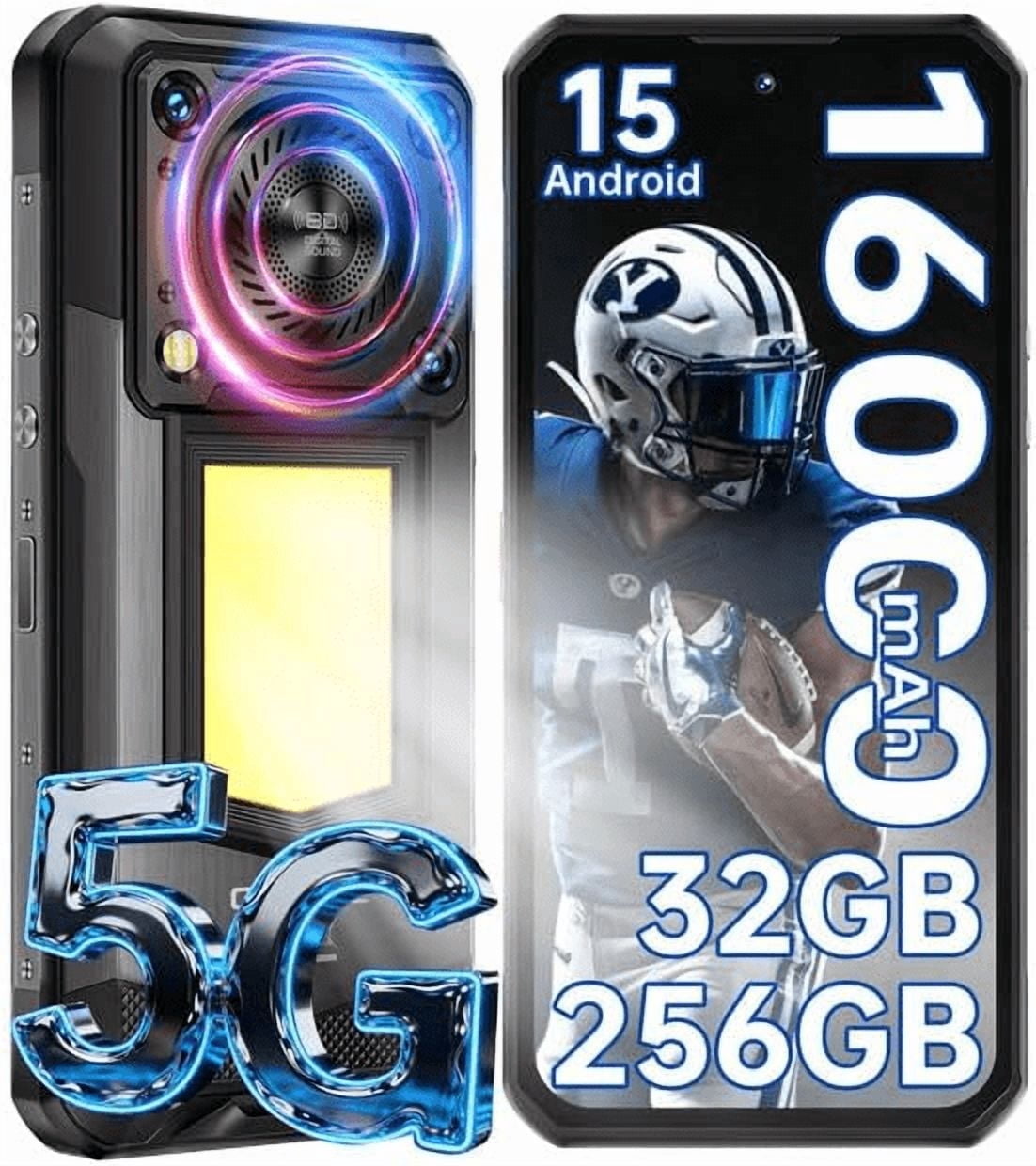 WP56 Rugged Phone 5G Unlocked,16000mAh Battery 32B+256GB/2TB Android 15 Rugged Smartphone,1000-Lumen Camping Light 6.8" FHD+ 120Hz 108MP+32MP,128dB Louder Speaker Waterproof Cell Phone,NFC/GPS/OTG