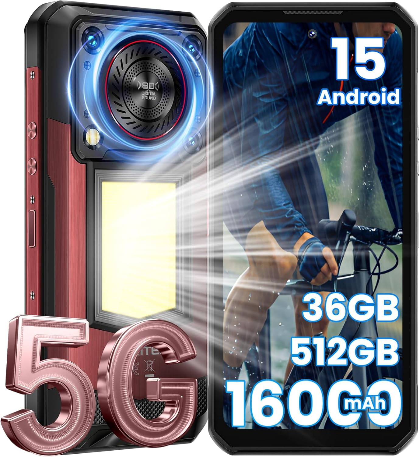 OUKITEL WP56 Rugged Smartphone 5G, 16000mAh/45W, 36GB +512GB/2TB Android 15 Rugged Phone Unlocked, 1000-Lumen Camping Light, 6.8" FHD+ 120Hz, 108MP+32MP, 128dB Loud Speaker Waterproof, NFC/GPS/OTG