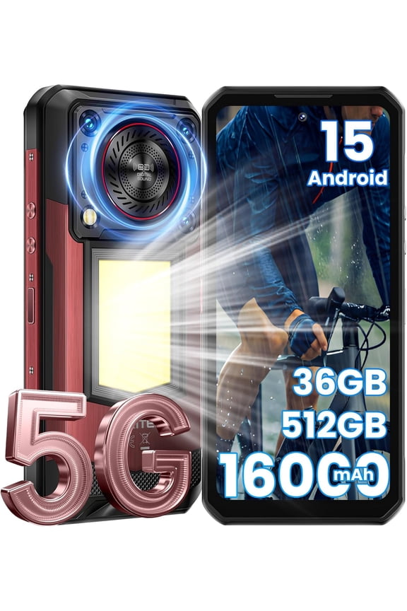 WP56 Rugged Smartphone 5G, 16000mAh/45W, 36GB +512GB/2TB Android 15 Rugged Phone Unlocked, 1000-Lumen Camping Light, 6.8" FHD+ 120Hz, 108MP+32MP, 128dB Loud Speaker Waterproof, NFC/GPS/OTG