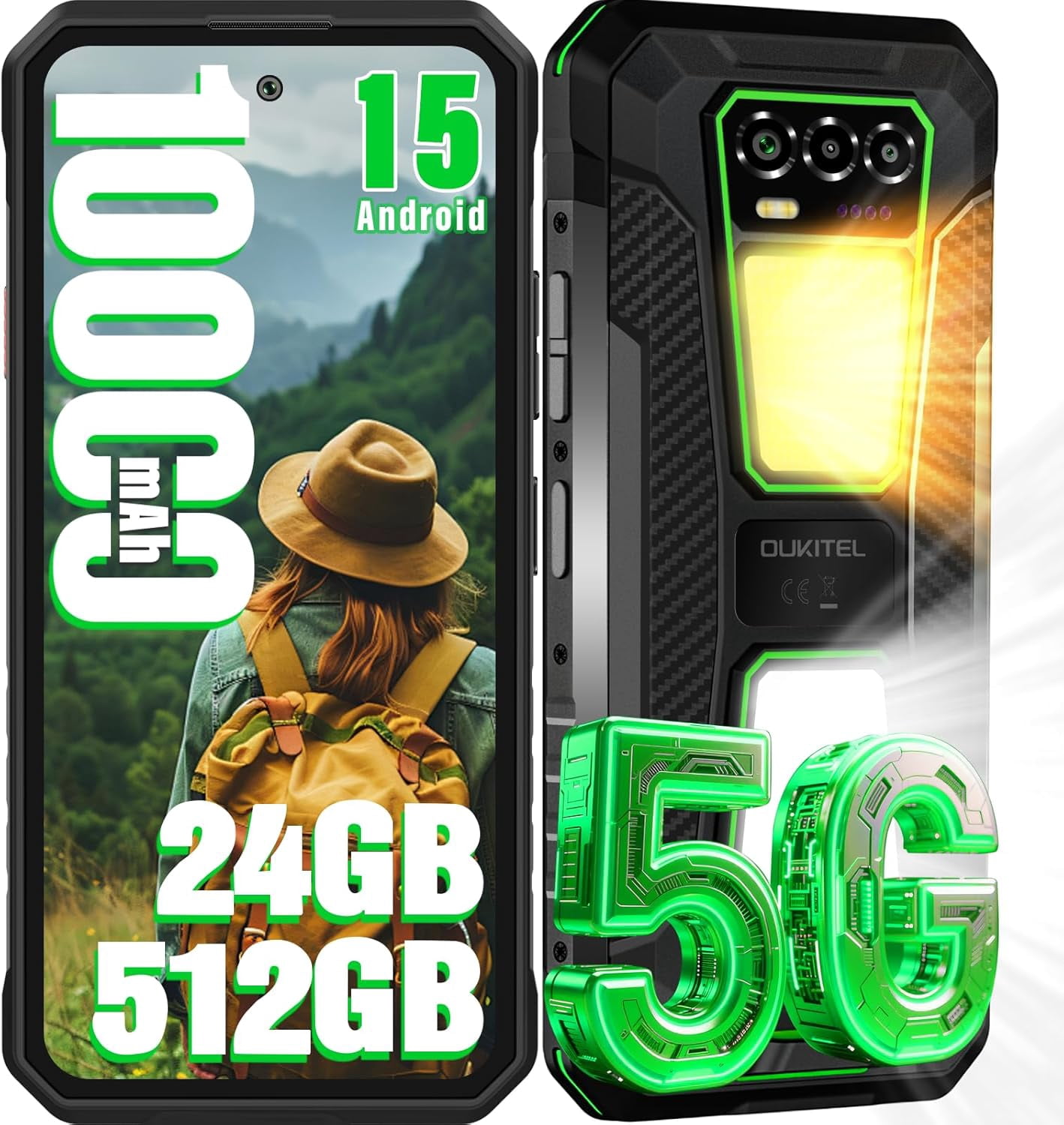 OUKITEL WP58 PRO 5G Rugged Phone Unlocked- 24GB+512GB Cell Phones,10000mAh Battery, 6.7"120Hz Display Smartphone, Dual Camping Light, 64MP Camera, 5G Dual SIM Android 15 Phones/IP68/IP69K/OTG/NFC/GPS