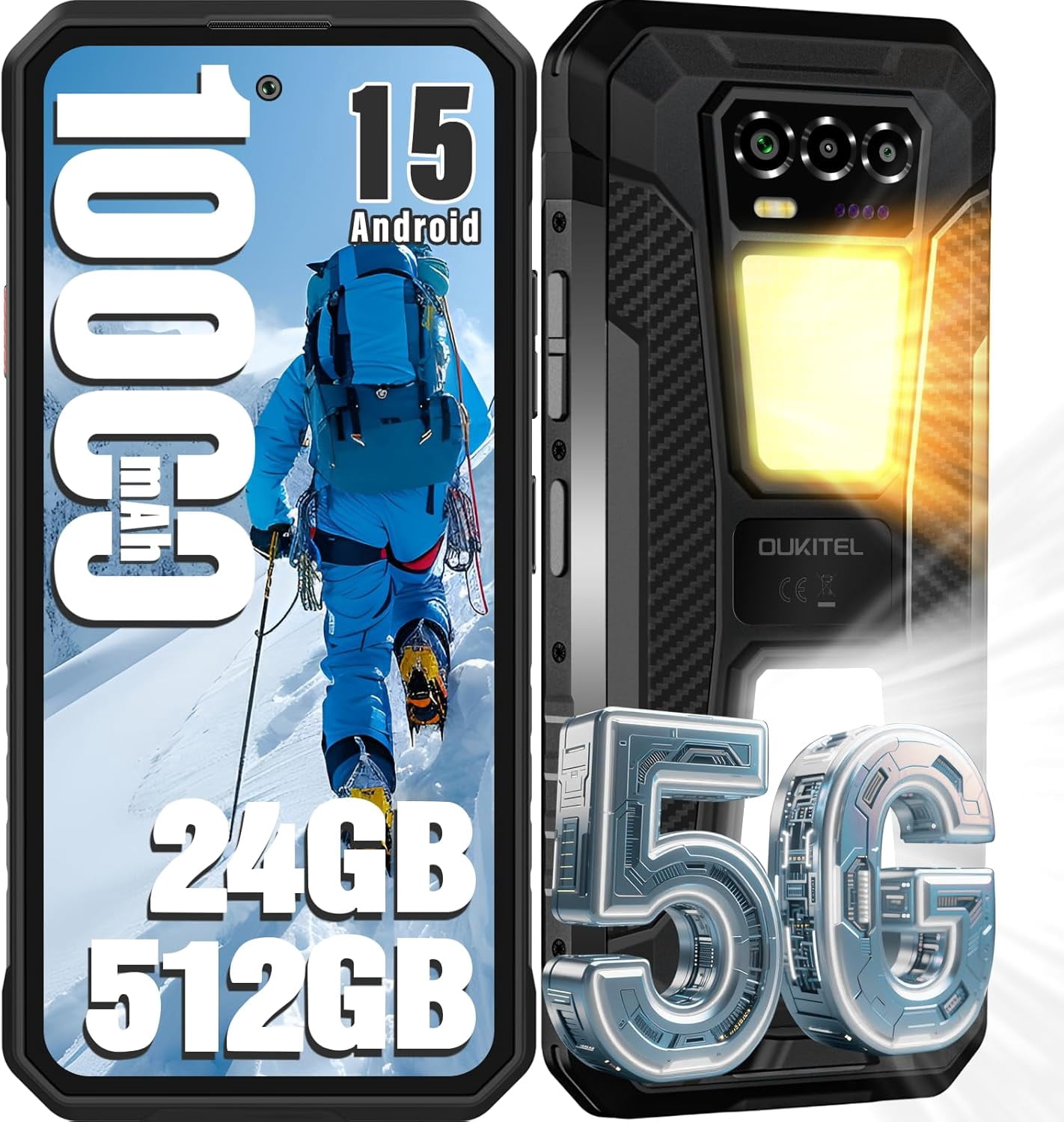 OUKITEL WP58 PRO 5G Rugged Phone Unlocked- 24GB+512GB Cell Phones,10000mAh Battery, 6.7"120Hz Display Smartphone, Dual Camping Light, 64MP Camera, 5G Dual SIM Android 15 Phones/IP68/IP69K/OTG/NFC/GPS