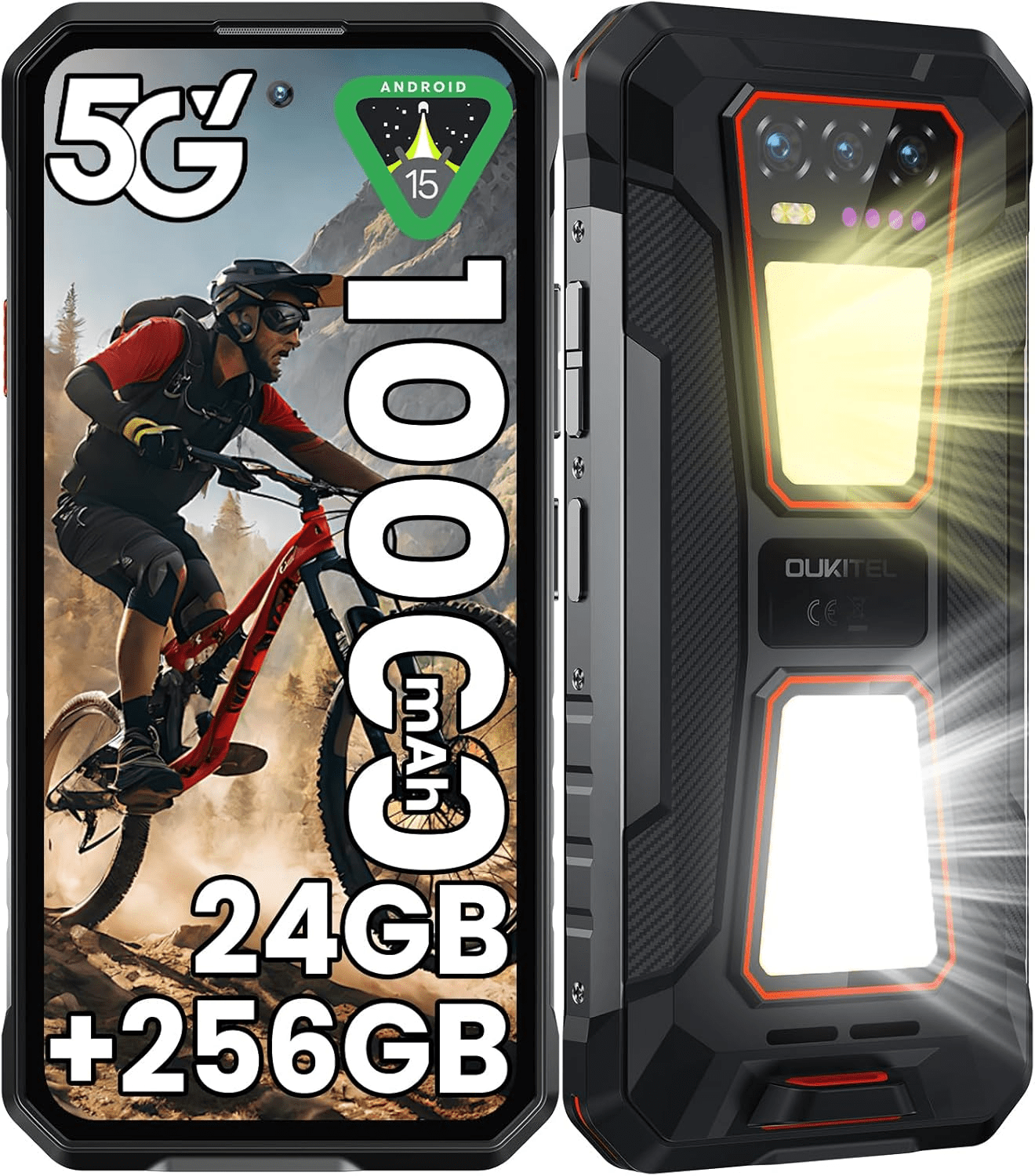 OUKITEL WP58 PRO Rugged Smartphone Unlocked 5G, 24GB+256GB/1TB, 10000mAh Battery , Android 15 Dual Camping Lights, 6.7"120Hz Display ,64MP+8MP Camera, IP68 Waterproof, 5G Dual SIM/NFC/GPS/OTG Black