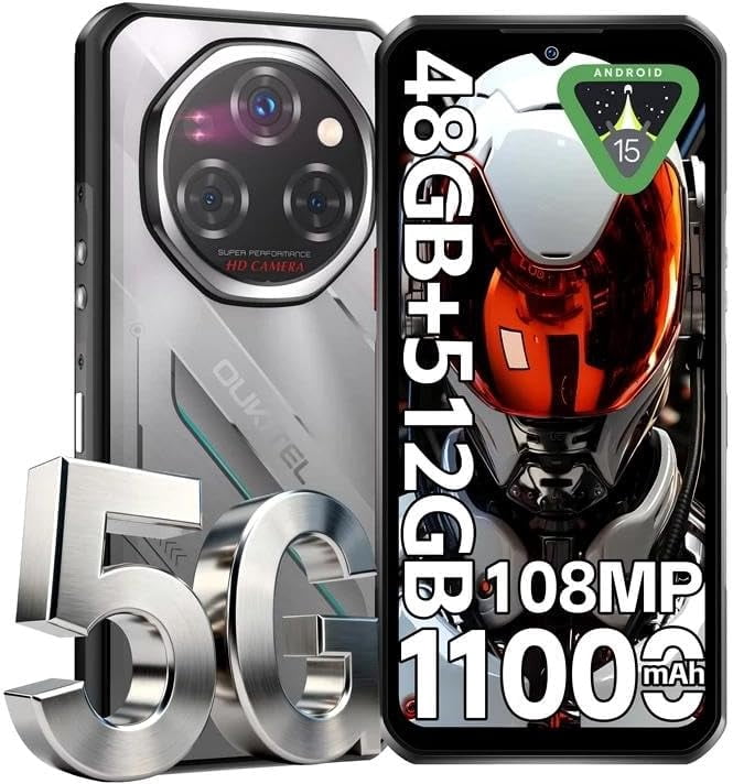 OUKITEL WP62 5G Rugged Smartphone Unlocked - 48GB+512GB/2TB Android15 Rugged Cell Phone, 6.6''FHD+ Display 108MP Rear Camera 11000mAh(33W) Battery Waterproof Mobile Phones, Fingerprint/IP68/IP69K/NFC