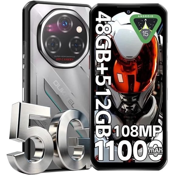 OUKITEL WP62 5G Rugged Smartphone Unlocked - 48GB+512GB/2TB Android15 Rugged Cell Phone, 6.6''FHD+ Display 108MP Rear Camera 11000mAh(33W) Battery Waterproof Mobile Phones, Fingerprint/IP68/IP69K/NFC
