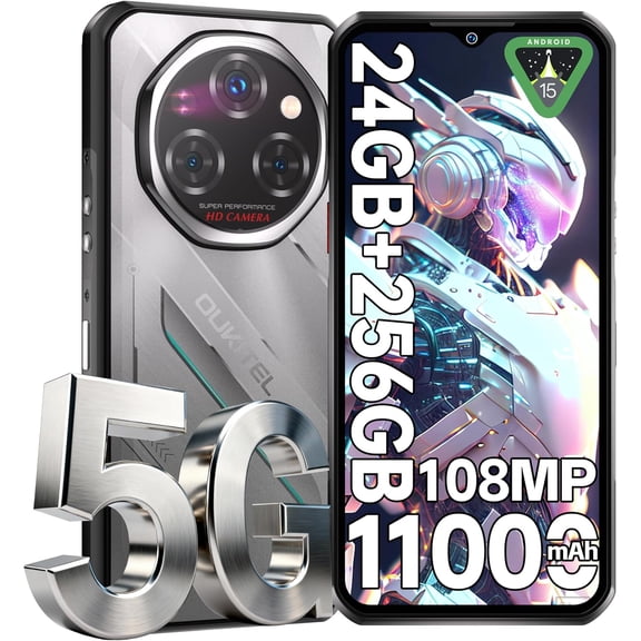 OUKITEL WP62 5G Rugged Smartphone Unlocked Android 15-24GB+256GB/2TB Rugged Cell Phone, 6.6''FHD+ Display 120Hz 108MP Rear Camera 11000mAh(33W) Battery Waterproof Phones, IP68/IP69K/NFC/Fingerprint