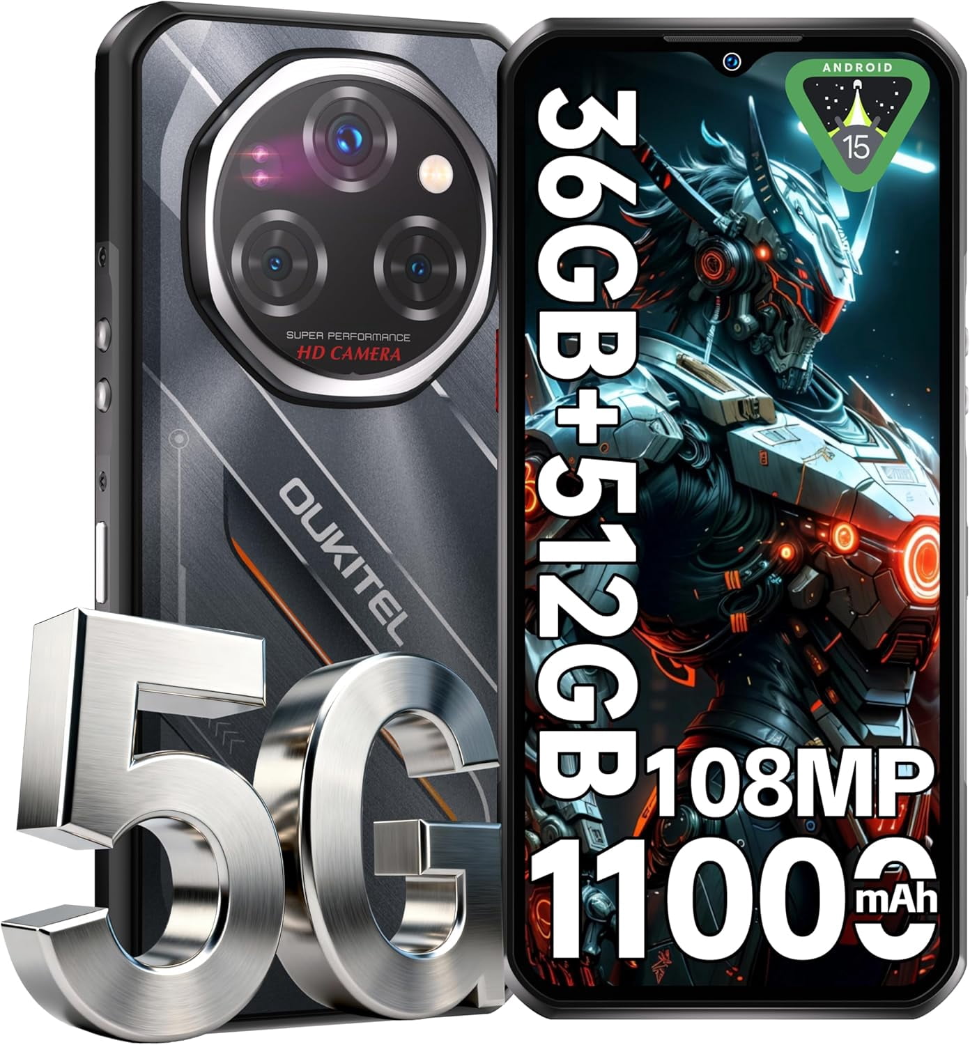 OUKITEL WP62 5G Rugged Smartphone Unlocked Android 15-36GB+512GB/2TB Rugged Cell Phone, 6.6''FHD+ Display 120Hz 108MP Rear Camera 11000mAh(33W) Battery Waterproof Phones, Fingerprint/IP68/IP69K/NFC