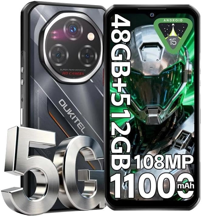 OUKITEL WP62 5G Rugged Smartphone Unlocked Android 15-48GB+512GB/2TB Rugged Cell Phone, 6.6''FHD+ Display 108MP Rear Camera 11000mAh(33W) Battery Waterproof Phones, Fingerprint/IP68/IP69K/NFC/OTG