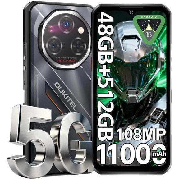 OUKITEL WP62 5G Rugged Smartphone Unlocked Android 15-48GB+512GB/2TB Rugged Cell Phone, 6.6''FHD+ Display 108MP Rear Camera 11000mAh(33W) Battery Waterproof Phones, Fingerprint/IP68/IP69K/NFC/OTG