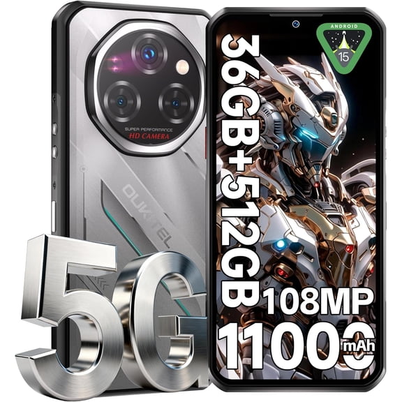 OUKITEL WP62 5G Rugged Smartphone Unlocked Android 16GB+512GB/2TB Rugged Cell Phone, 6.6''FHD Display 120Hz 108MP Rear Camera 11000mAh Battery Waterproof Phones