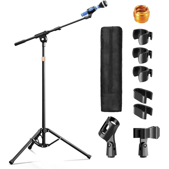 OUKMIC Microphone Stand with Boom Arm, Adjustable Tripod, Screw Adapter & 2 Mic Clips for Singing, Recording, Podcast
