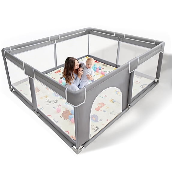 Sunnycome Baby Playpen with Folding Mat, Large Play Yard 71" X 59" X 26.5" for Babies and Toddlers with Zipper Gate Anti-Slip Suckers for Indoor&Outdoor