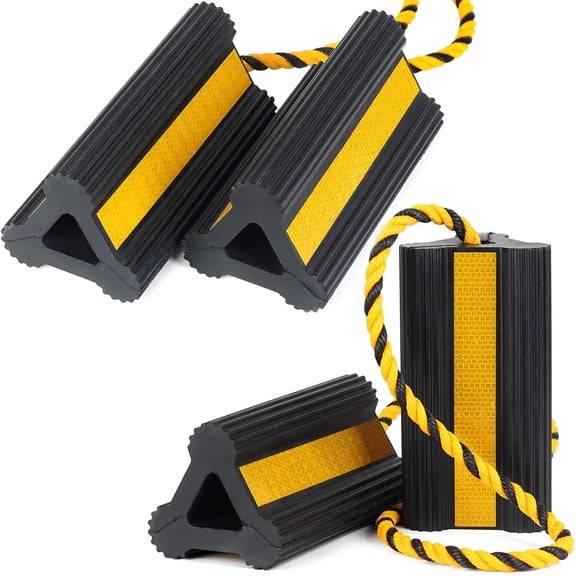 OULEME Heavy Duty Rubber Wheel Chocks, 2 Pair, Non-Slip Tire Stopper Blocks with Rope, for RV Camper Travel Trailers Motorhome Aircraft Car Truck